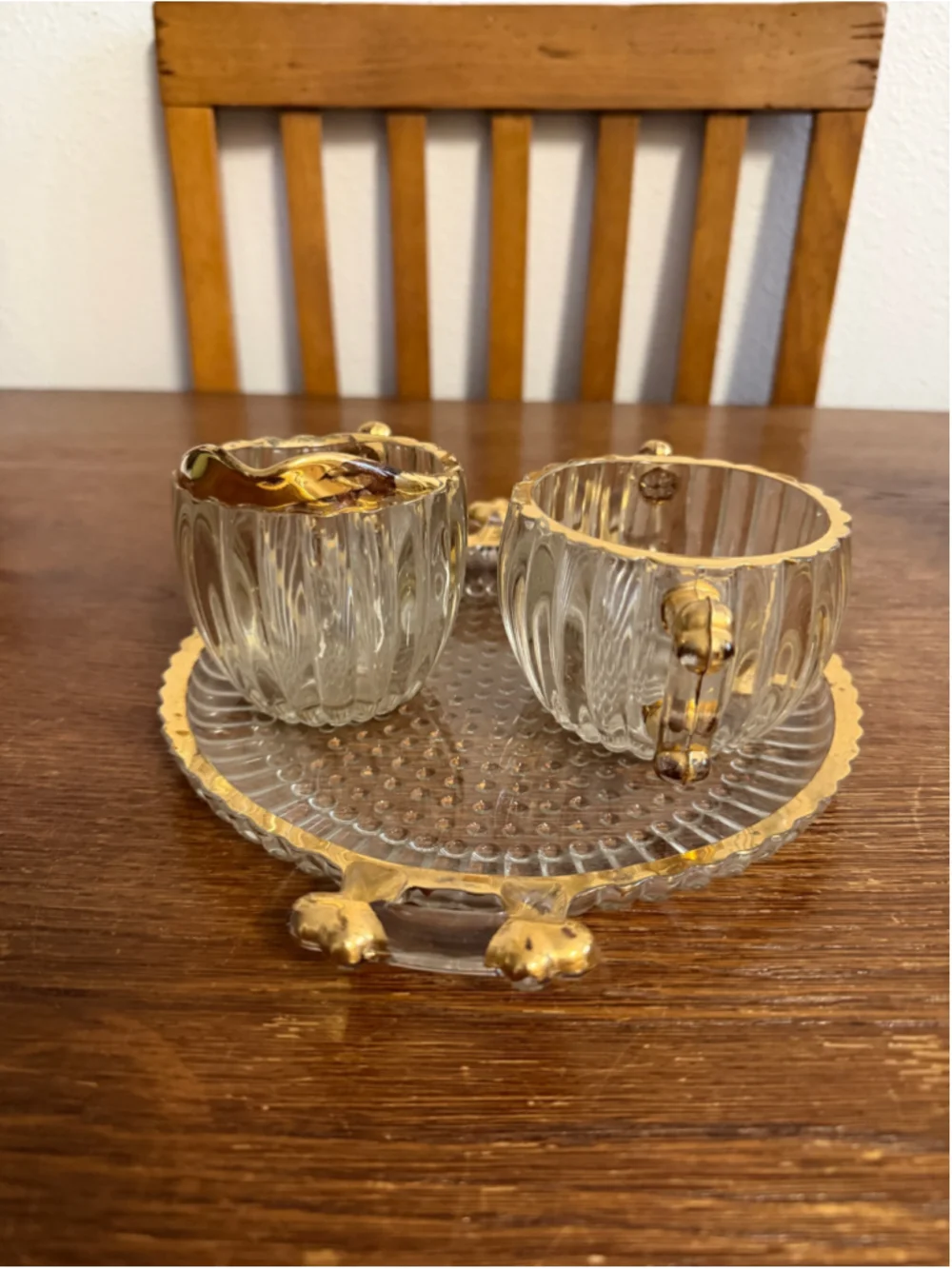 Vintage Smoked Glass Creamer Sugar Bowl & Serving Tray Gold Gilt Hollywood Regen